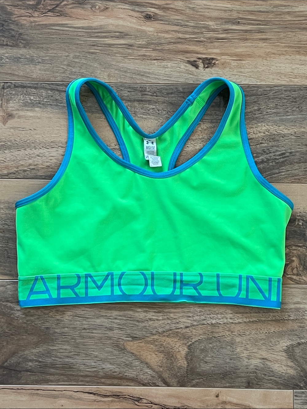 Under Armour Womens Medium HeatGear Compression Sports Bra Bright Green Blue Gym